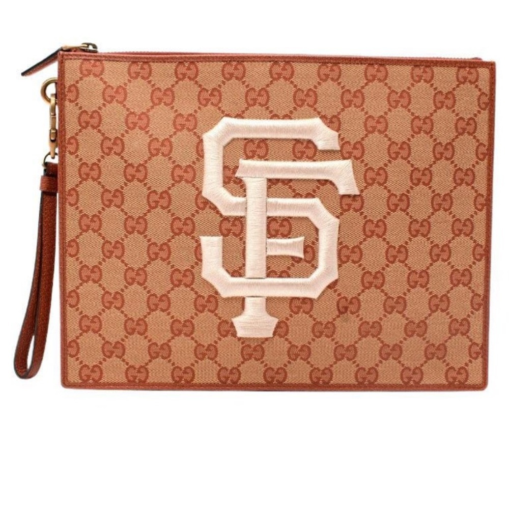 GUCCI X MLB GG Monogram SF Giants Zip Wristlet Pouch Beige Ruggine